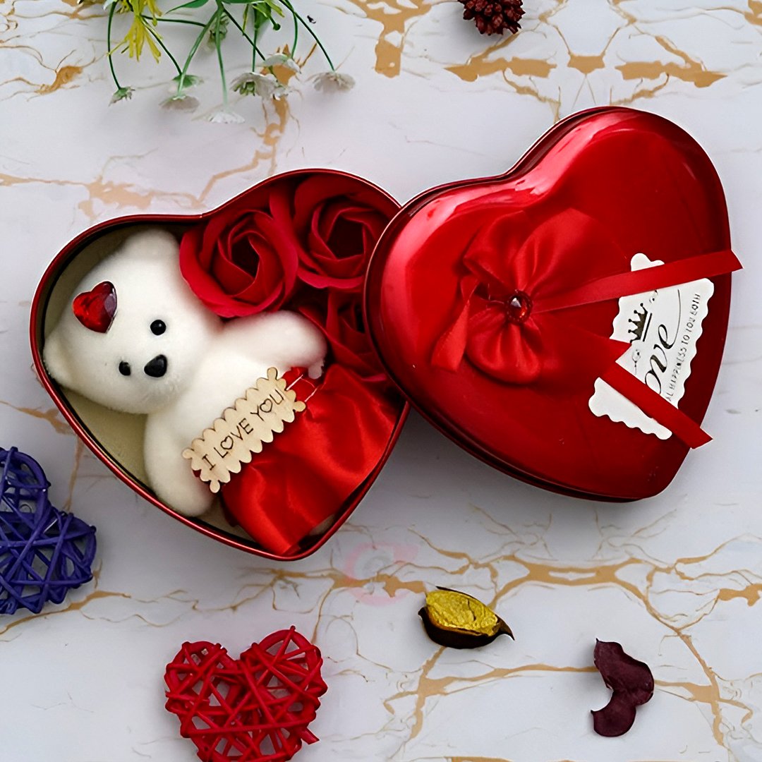 Valentines Day Special Rose And Teddy Heart Box